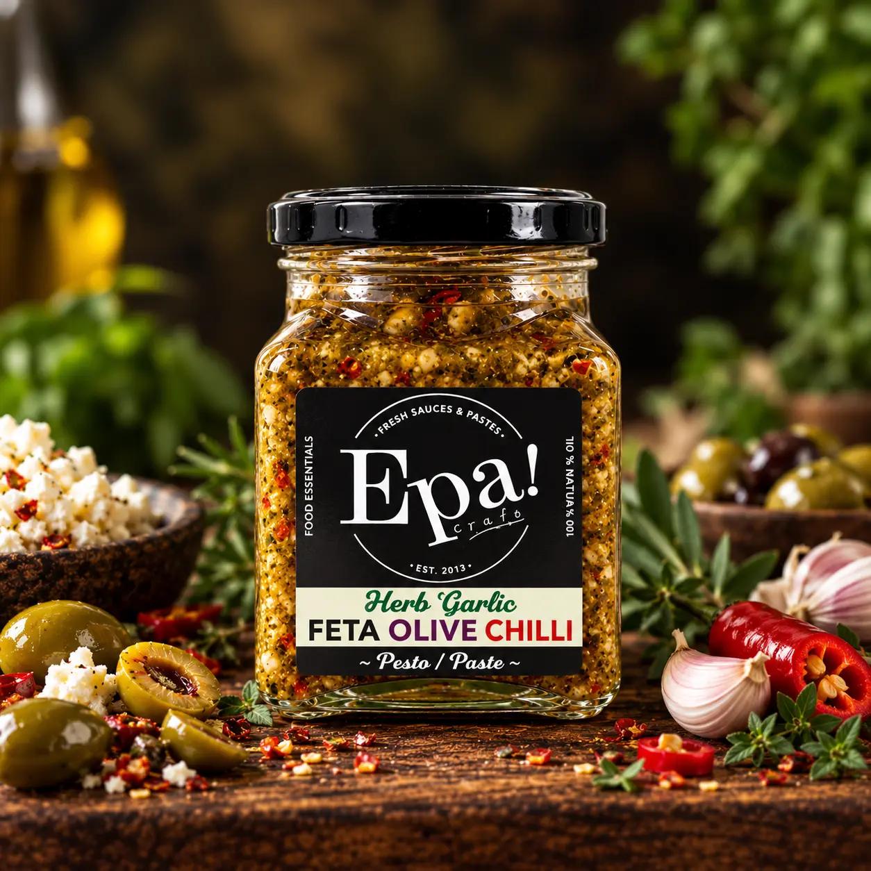 Epa! Herb Garlic Feta Olive Chilli Pesto